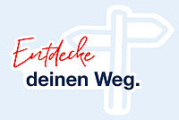 Grafik auf hellblauem Hintergrund: Wegweiser mit Schriftzug "Entdecke deinen Weg"