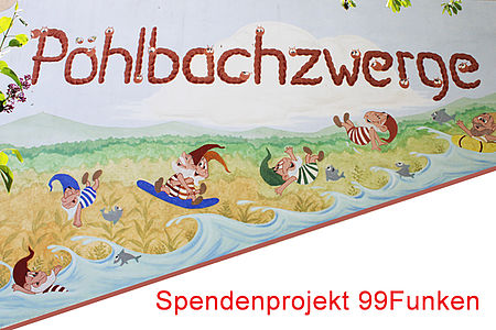 Wandbild der DRK Kite Pöhlbachwerge mit Hinweis auf Spendenaktion