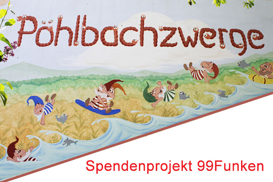 Wandbild der DRK Kite Pöhlbachwerge mit Hinweis auf Spendenaktion