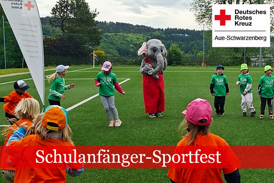 660_2026_Schulanfänger_Sportfest_5.jpg Schulanfänger-Sportfest: mehrere Kinder mit einer Elefanten-Figur als Maskottchen bei der Erwärmung auf einem Sportplatz