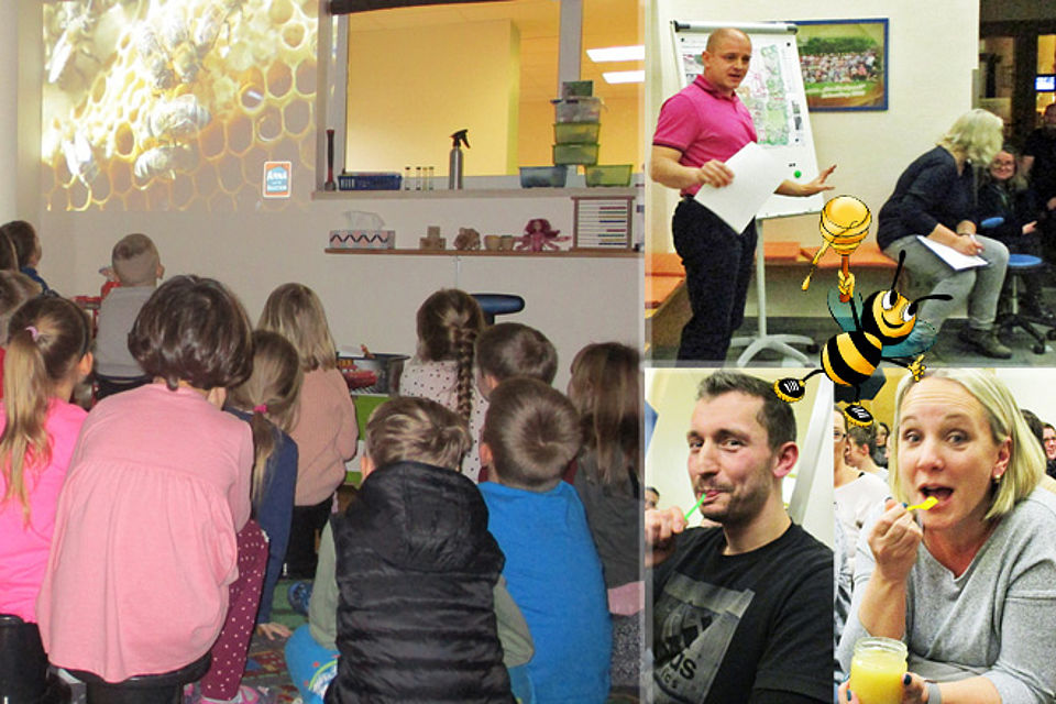 Fotocollage: Bienenprojekt in Kita Schneeberg mit Elterninformation und Honigverkostung