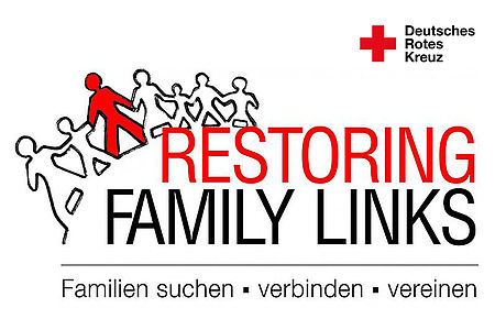 Grafik mit Text und DRK Logo: Restoring Family Links -Familien suchen verbinden vereinen