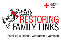 Grafik mit Text und DRK Logo: Restoring Family Links -Familien suchen verbinden vereinen