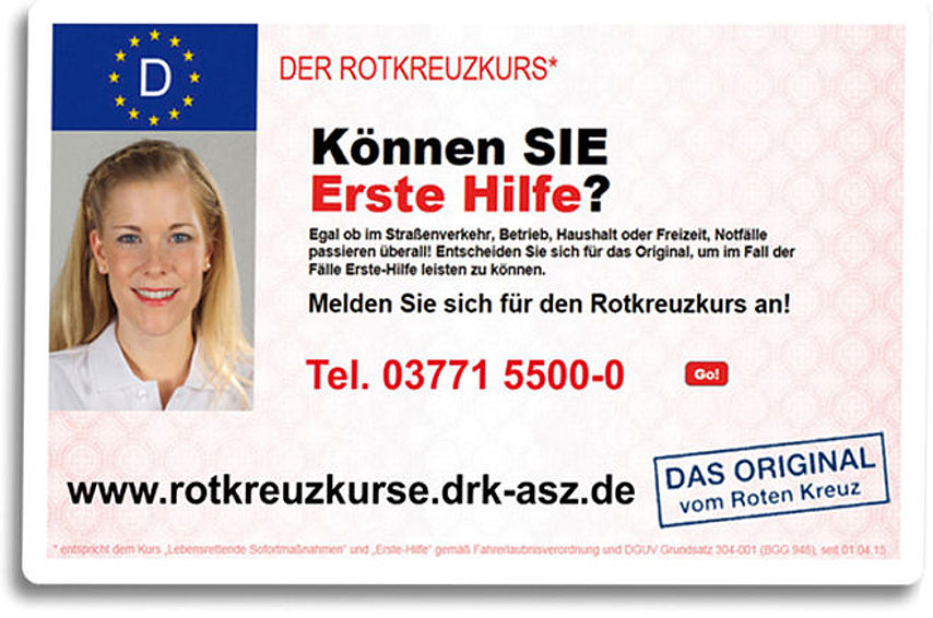 Ausweis für den Rotkreuzkurs mit Text 'Können SIE Erste Hilfe?' und Kontakttelefonnummer 03771 5500-0