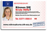 Ausweis für den Rotkreuzkurs mit Text 'Können SIE Erste Hilfe?' und Kontakttelefonnummer 03771 5500-0