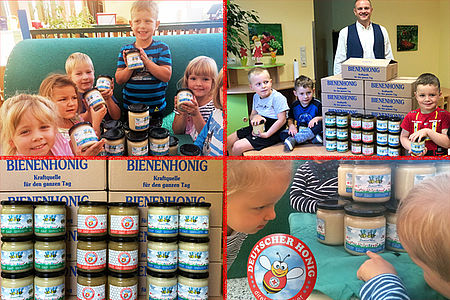 Fotocollage Honiglieferung: Honiggläser mit verschiedenen Etiketten