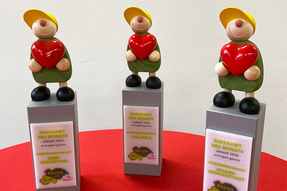 660_2026_Ehrenamt_des_Monats3.jpg Drei Figuren aus Holz auf einem Sockel mit der Beschriftung für das Ehrenamt des Monats