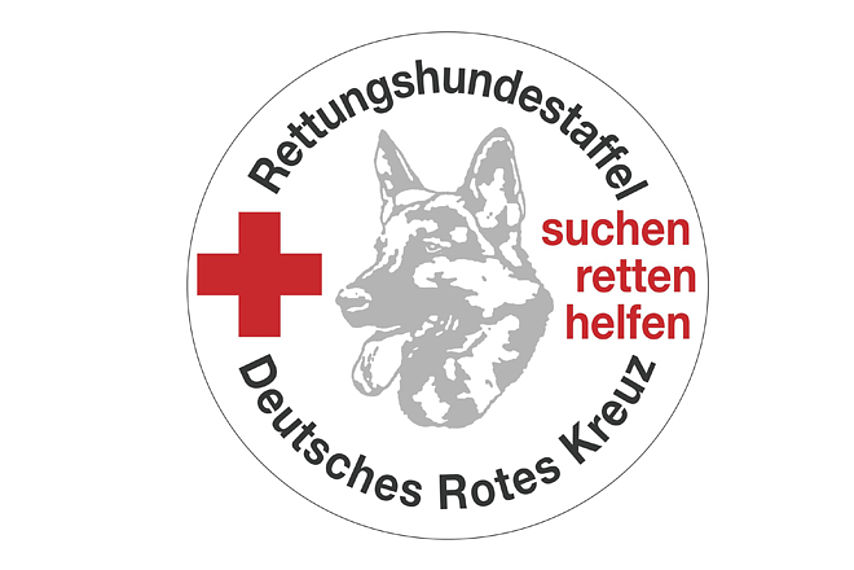 Logo der DRK Rettungshundestaffeln: Hundekopf und Schriftzug "suchen retten helfen"