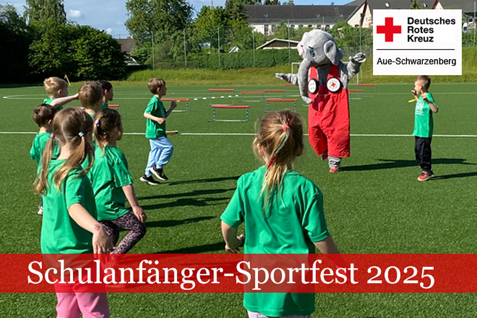 Schulanfänger-Sportfest - Erwärmung mit Maskottchen Elefant Jonny