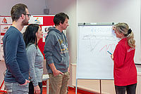 Ausbilderin in DRK-Kleidung und drei Kursteilnehmer stehen vor einem Flipchart, an dem die Ausbilderin etwas erläutert.