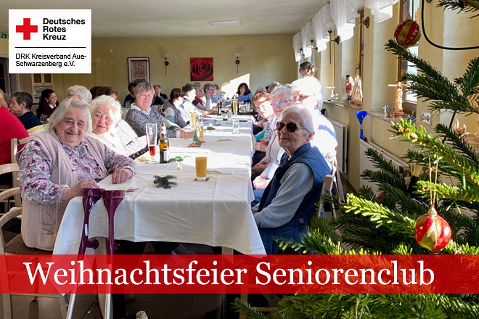 Weihnachtsfeier Seniorenclub: Senioren sitzen an einer langen Tafel. Sie haben Getränke vor sich, im Vordergrund steht ein geschmückter Weihnachtsbaum.