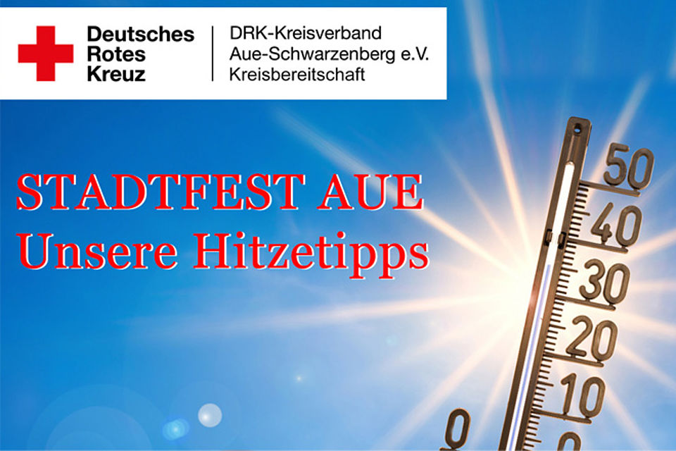 Stadtfest Aue - Unsere Hitzetipps: Schriftzug vor Hintergrund mit Himmel und gleißender Sonne und einem Thermometer